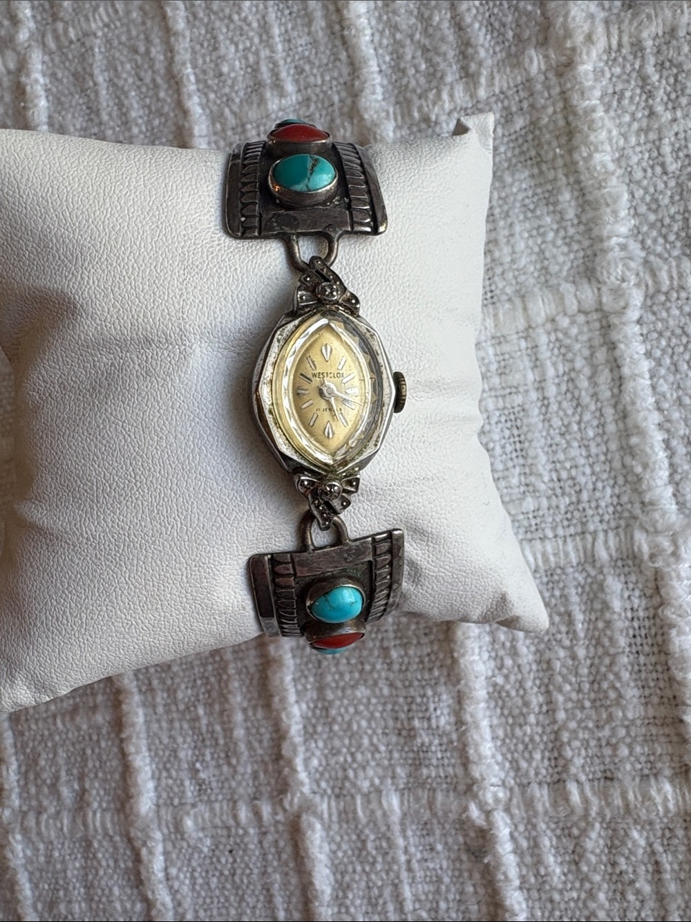NAVAHO Old Pawn Turquoise & Coral Accent Women's Watch Bracelet